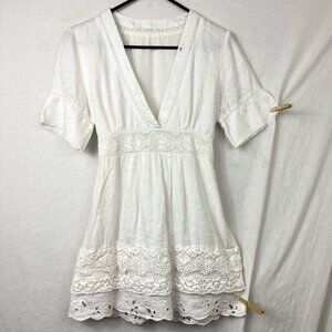 Nenette Linen Lace Short Dress Women Small - Medium Coquette‎ Cottage Romantic